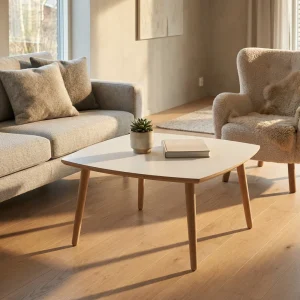 Boot - Sofabord i hvid laminat med egeben, vælg mellem 4 størrelser 90 x 90 cm Højde 50 cm